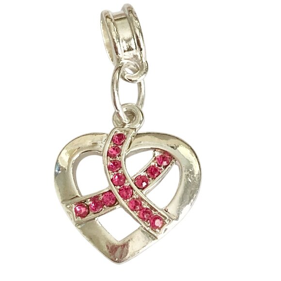 Pink Ribbon European Slider Clip On Charm For Bracelet Bag Purse Crystal Heart - Picture 2 of 11